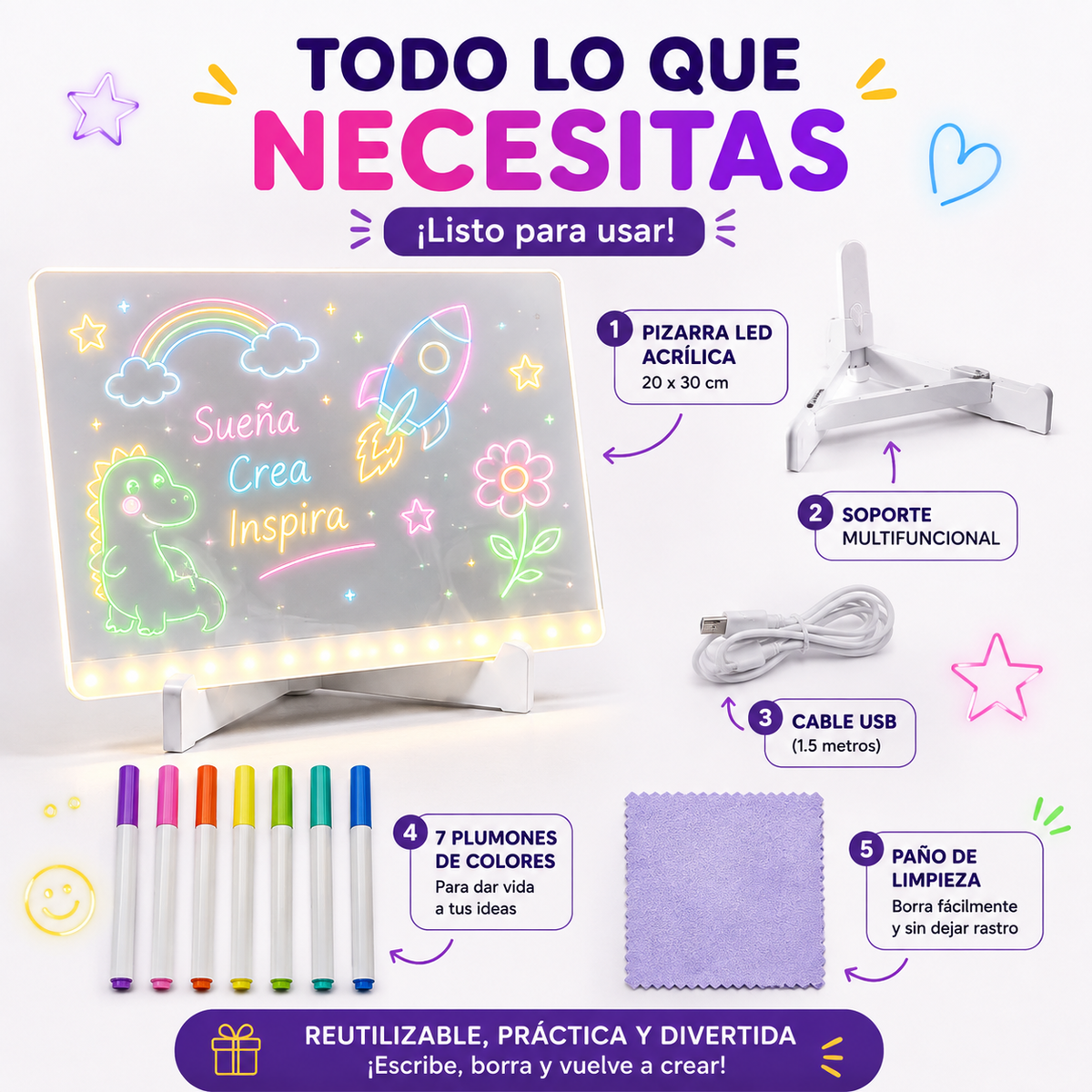 Pizarra LED Mágica para Dibujar  (7 Marcadores)