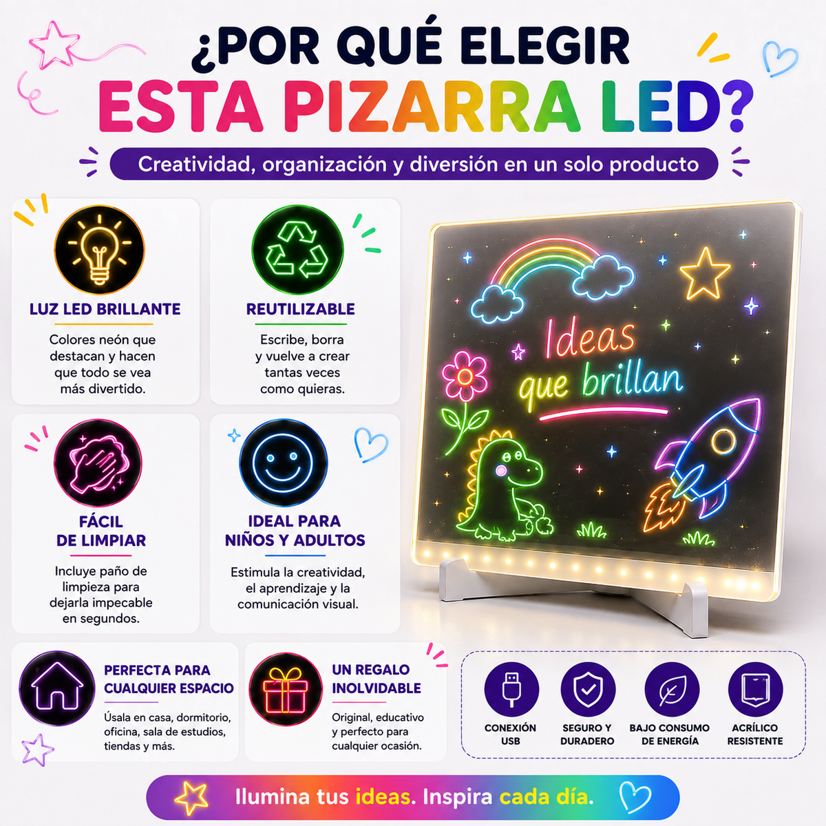 Pizarra LED Mágica para Dibujar  (7 Marcadores)